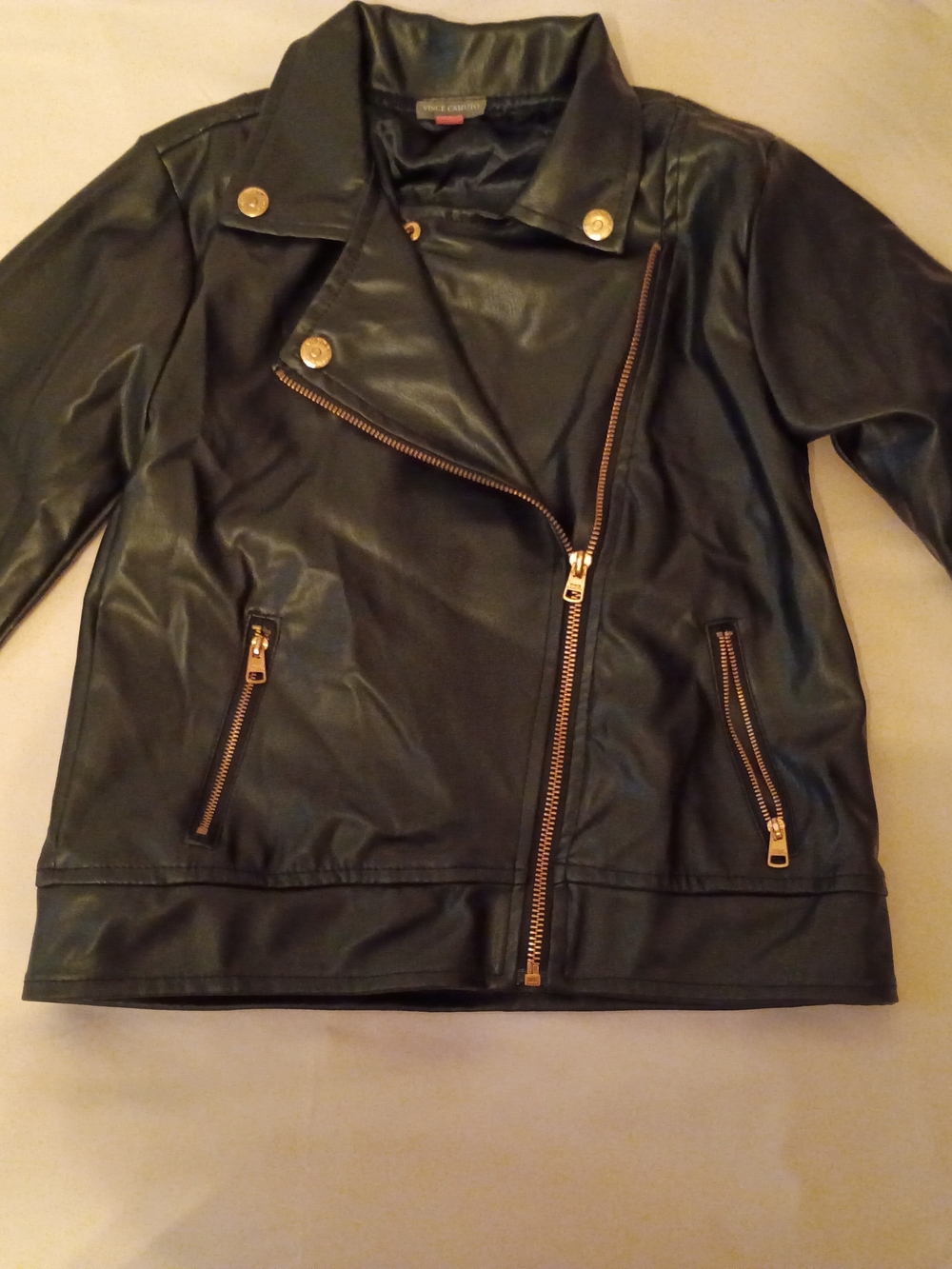 Black Faux Leather Moto Jacket with Gold Hardware